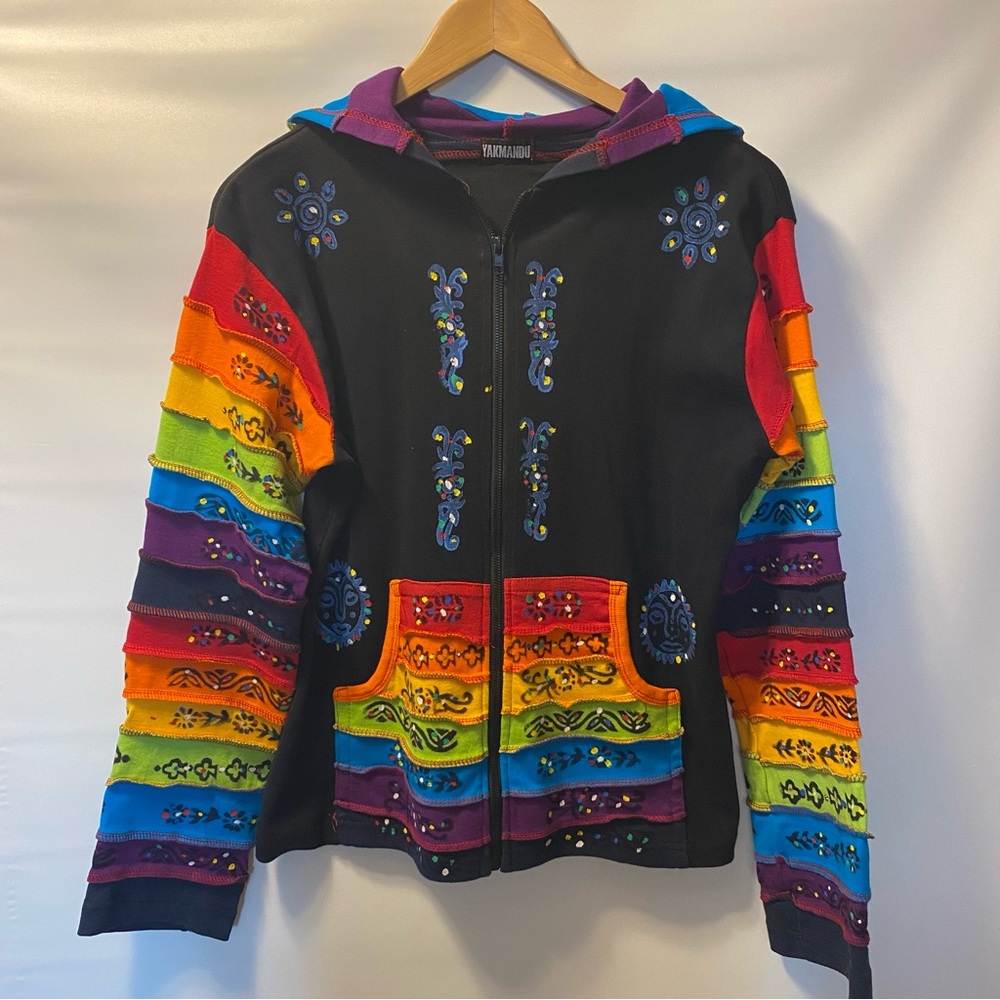 Sz S- Woman Colorful Zip Up Pockets Jersey Hoodie